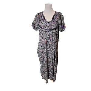 Vintage Cottagecore Black Floral Midi Dress Cap Sleeve Lace‎ Trim Boho Size XL